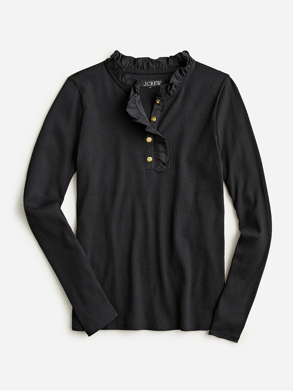 J. Crew Black Ruffle Henley Long-Sleeve Top